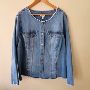 LOGO Lori Goldstein Women's Jean Jacket, Size 28W Raw Hem Boho Lea Stretch